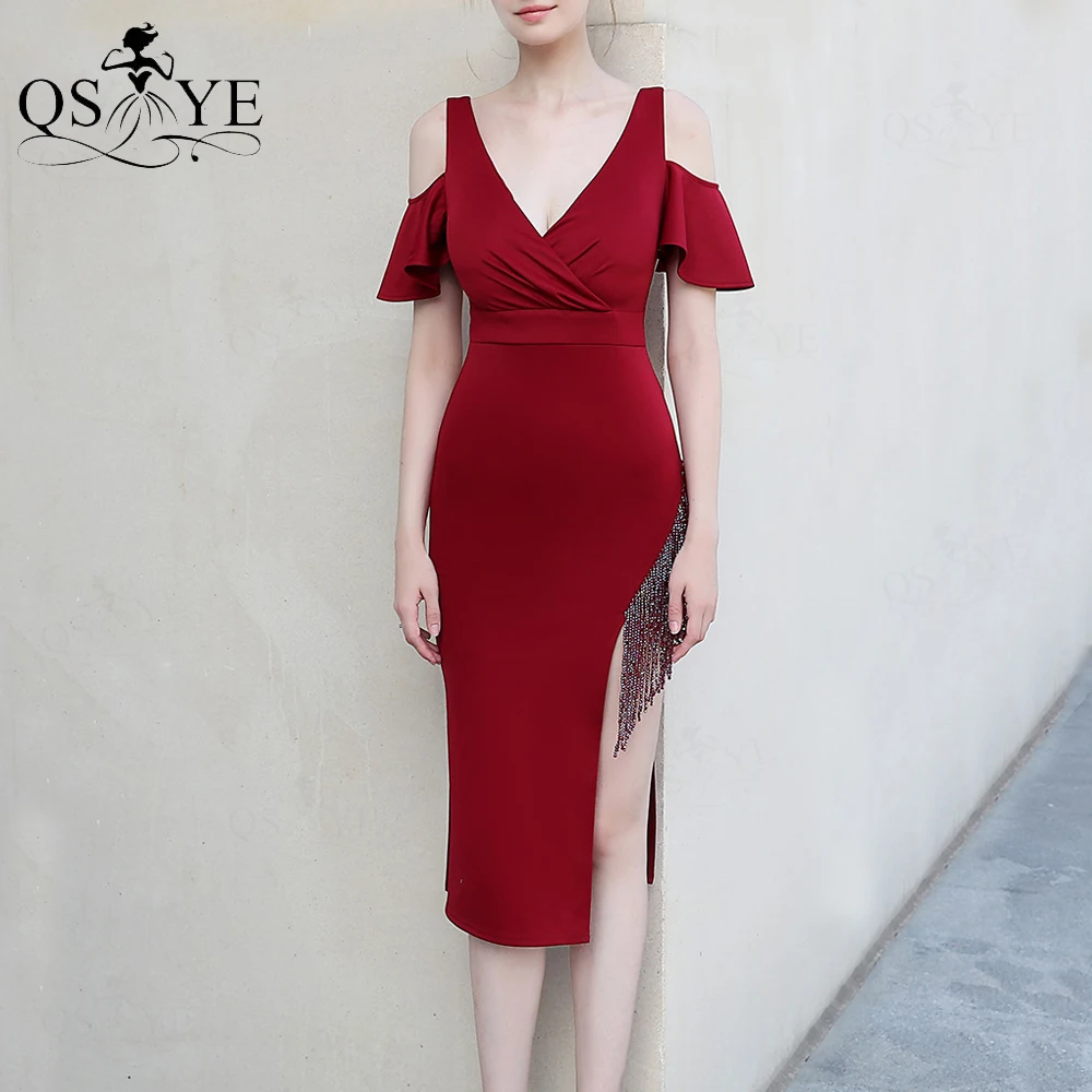 

Short Burgundy Evening Dresses Plugging V Neck Sheath Prom Gown Beading Tassel Side Sleeves Stretch Sexy Slit Party Formal Dress