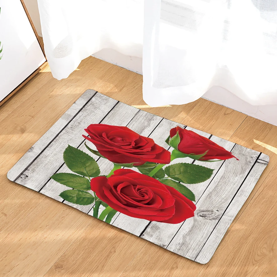 

Anti Slip Bath Mat Bathroom Carpet Floor Rug Printed Retro Flower Red Rose Water Absorption Kitchen Toilet Entrance Door Mat