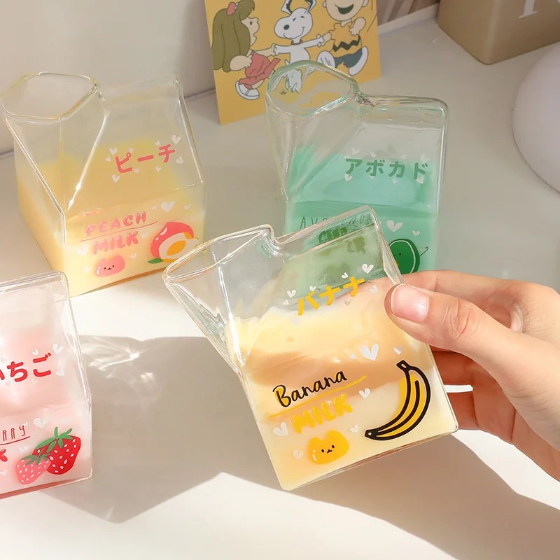 

380ml Strawberry Glass Water Cup Drinkware Cute Square Clear Wine Milk Carton Juice Wholesale Breakfast Cups For Girl