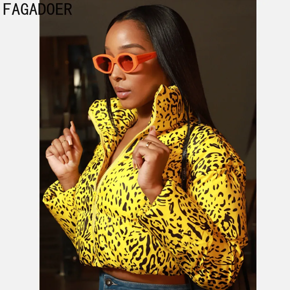 FAGADOER Winter Print Coat Women Thick Warm Bread Service Jackets Female Zipper Stand Up Collar Cardigan Top Outerwear 2021