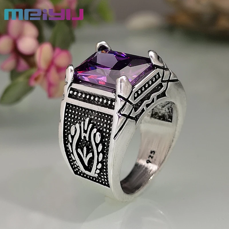 

Vintage Carving Fill in Purple Red Zircon Ring For Men Exaggeration Plated Thai Silver Fine Ring Fashion Jewelry Anniversary