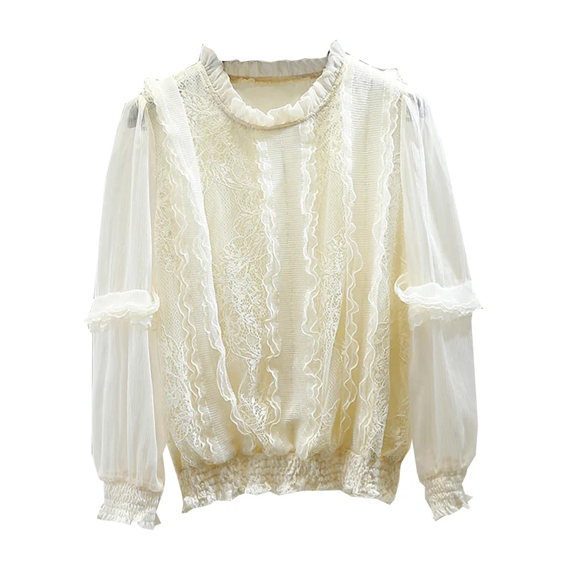 

Retro Lantern Sleeve Pleated Ruffles Stitching Lace Shirt Crocheted Hollow Lace Blouse Women's Tops 2020 Autumn Blusas Mujer