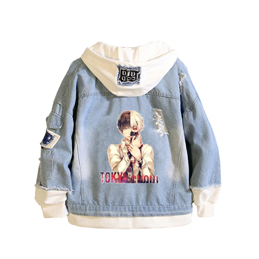 

Anime Tokyo Ghoul Coat Teens cowboy Cosplay Jacket Men Women Casual Denim Hooded Loose coat Cartoon Hooded