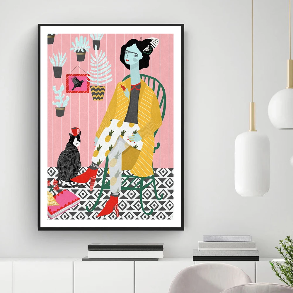 

Green Chair Cartoon Woman and Cat Canvas Painting Art Nordic Posters and Prints Wall Pictures for Living Room Decor Frameless