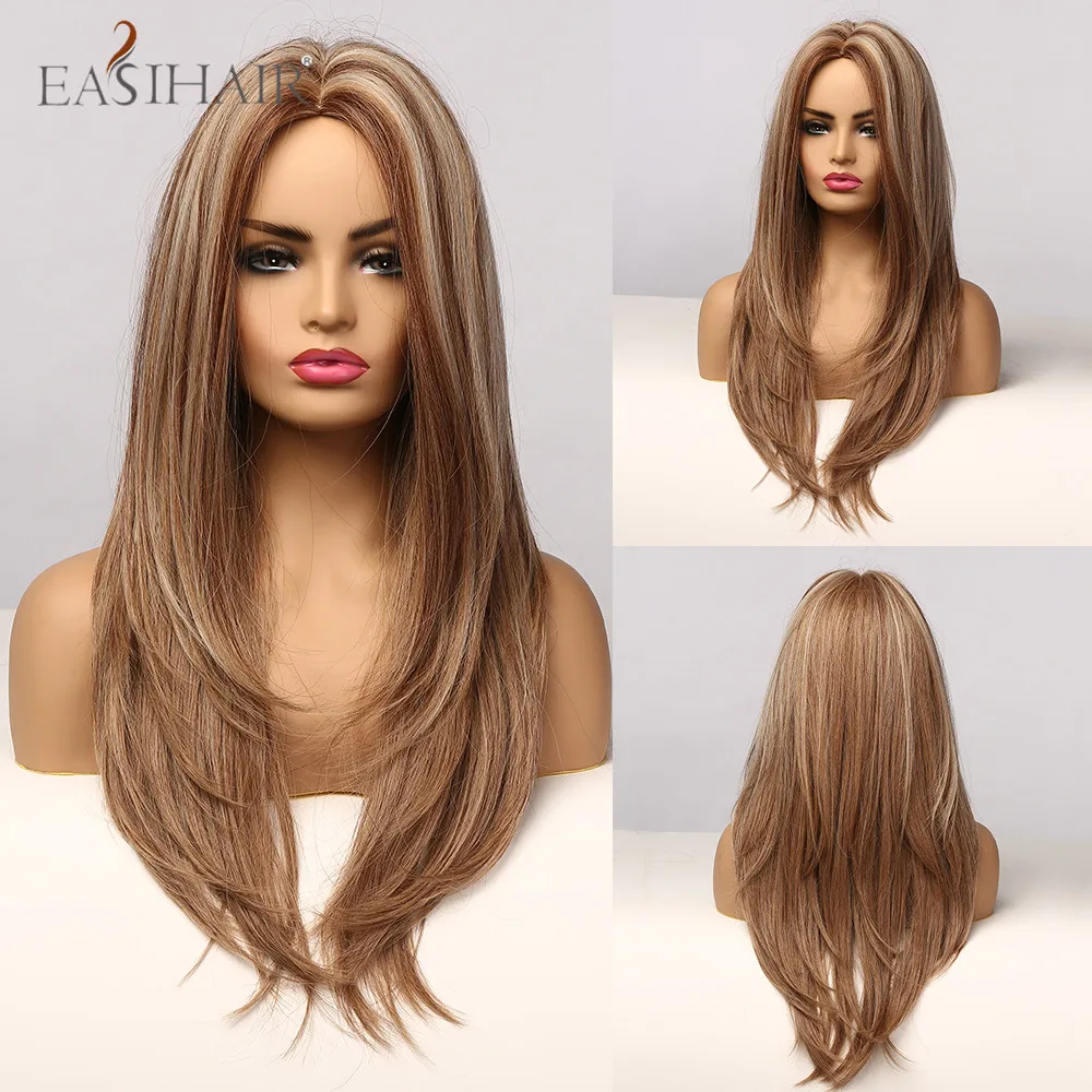 

EASIHAIR Long Brown Wavy Wigs with Blonde Highlights Heat Resistant Synthetic Hair Wigs for Black Women Afro Cosplay Fake Hair