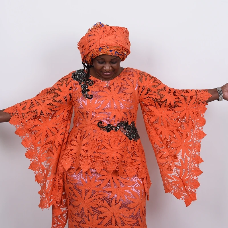 Африканский гипюр Kalume в стиле листьев кружевная ткань оранжевое нигерийское