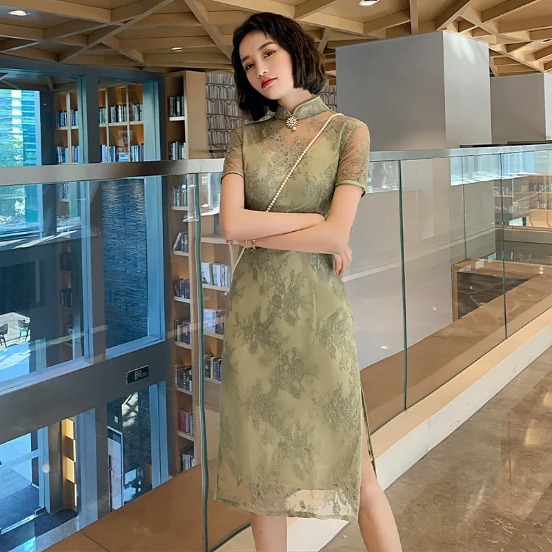 Ципао Новинка весна лето 2020 повседневное кружевное приталенное ретро платье