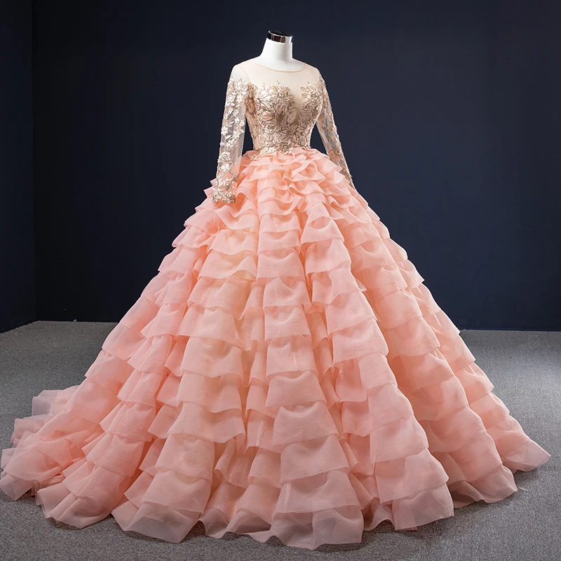 J67019 jancember pink lace party long evening dresses o-neck floor length sweep train lace tiered ball dress вечерные платье