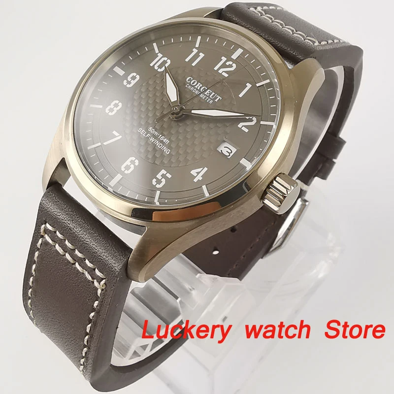 

Мужские часы Corgeut, 40 мм, коричневое окно с датой набора 316L, чехол из нержавеющей стали, кожаный ремешок NH35