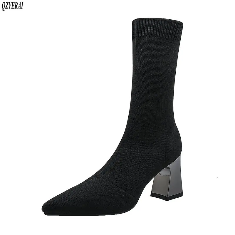 

Женские ботинки на высоком каблуке, черные ботинки-носки с острым носком, на квадратном каблуке, размеры 34-43, для зимы