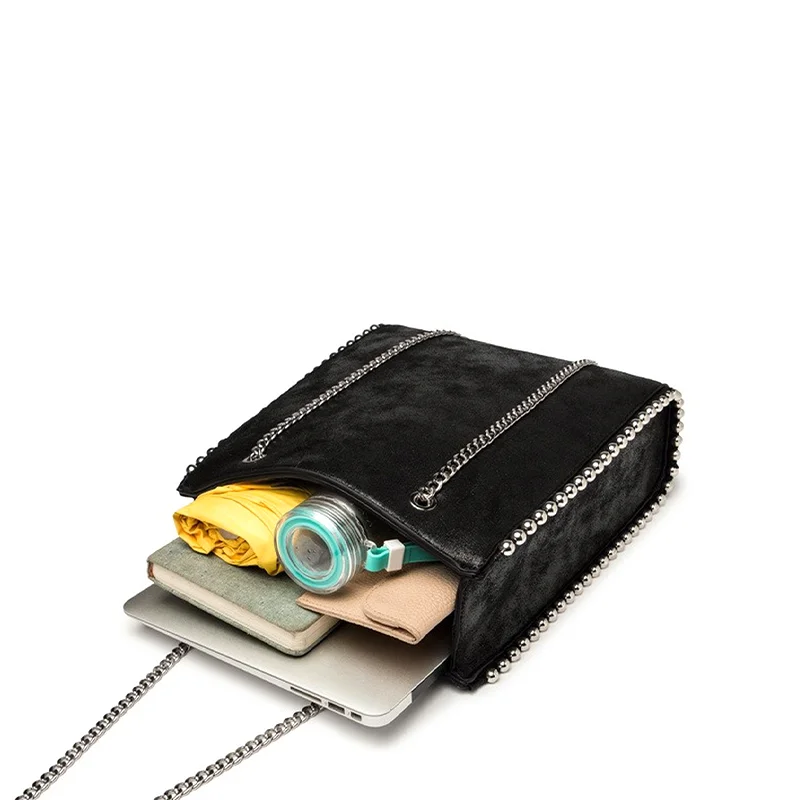 

Retro Women Chains Rivet Large Capacity Tote Designer Bead Shoulder Bag Luxury PU Leather Messenger Female Big Bucket Purses