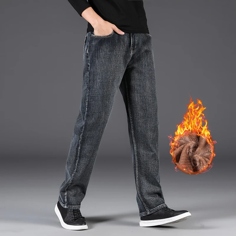 Jantour Winter Men Jeans Thicken Warm Fleece Business Casual Stretch Denim Retro Classic Loose Gray Pants big size 30-40 42 44 | Мужская