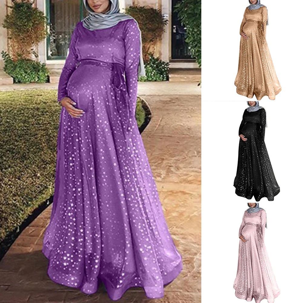 

Women Party Digital Print Evening Summer Polyester Cocktail Gown Retro Muslim Maternity Dress Long Maxi Crew Neck Long Sleeve