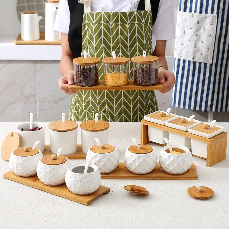 

Ceramic Seasoning Jar Household with Spoon Wooden Lid Seasoning Jar Soy Sauce Box Sugar Salt Jar Chili Jar Kitchen Storage Tool