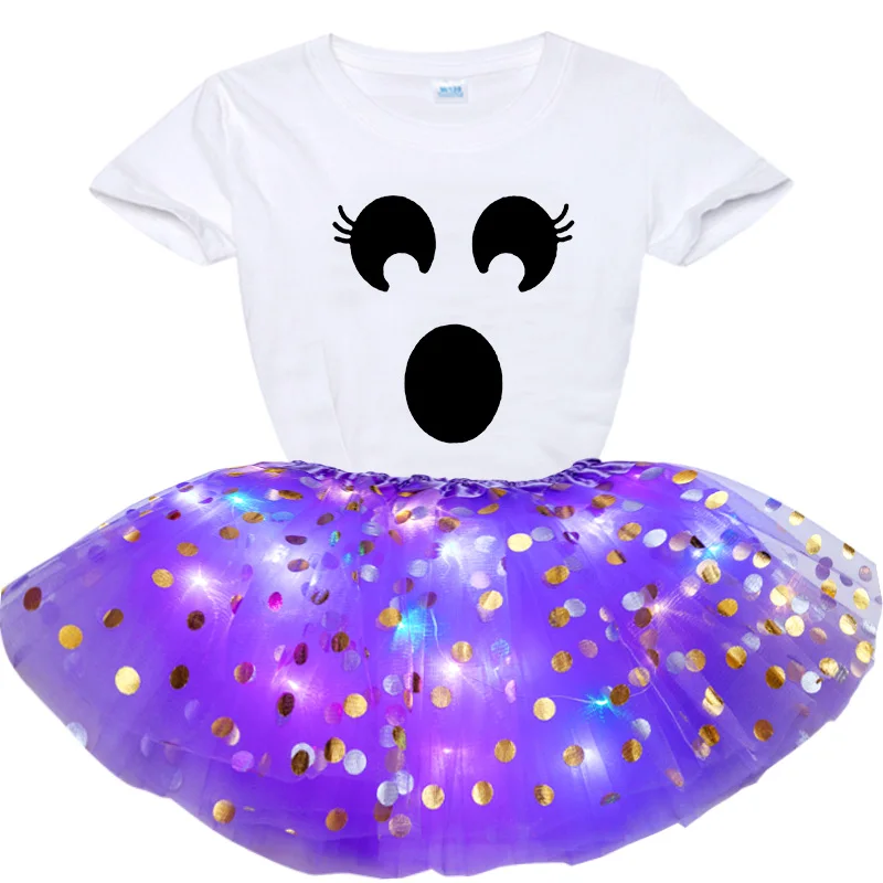 Girl Sequin Skirt Birthday Party Outfits Princess Girls Smiley Cartoon Print Short T-shirt + Dress 2pcs Party Custom Dress Sets