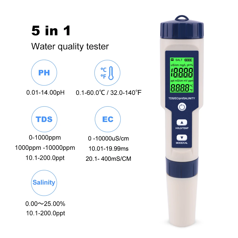 Yieryi Профессиональный цифровой тестер воды 5 в 1 PH/TDS/EC/соленость/температура тестер Ручка Водонепроницаемый Многофункциональный измеритель