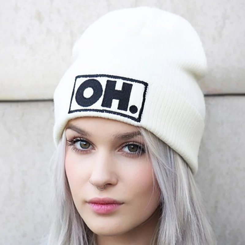 

European Style Acrylic Fibres 1Pcs Autumn Winter Cap Keep Warm Knitted Hat White Unisex Embroidery Fashion Headgear