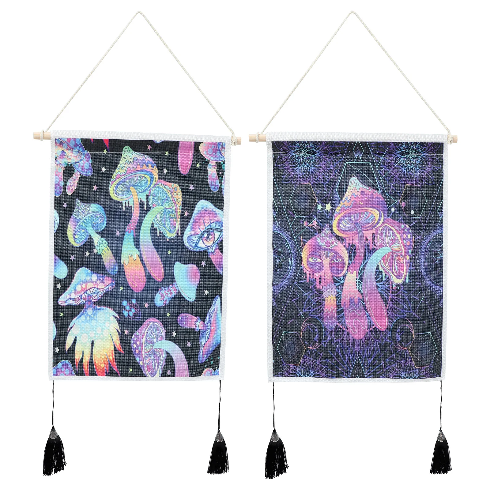 

2 Sets Wall Colorful Mushroom Tassel Tapestries Decorative Wall Art Tapestries