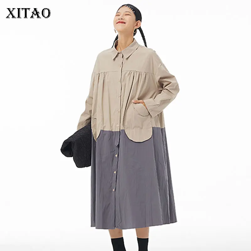 

Женское платье-рубашка XITAO, повседневное свободное плиссированное платье контрастных цветов, весна-осень 2022, GWJ2143