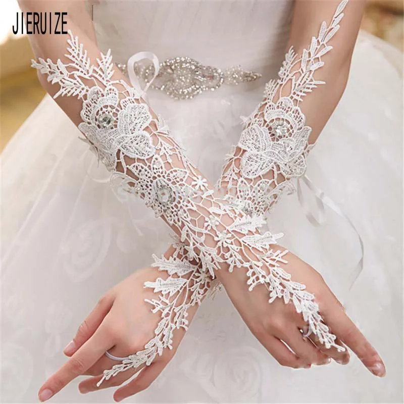 JIERUIZE-guantes de novia con apliques de encaje, guantes largos de cristal para boda, sin dedos, para vestido de novia
