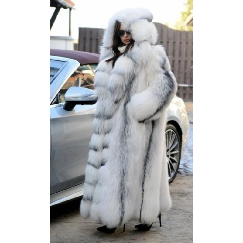 2021 Luxury Natural Real Cross Fox Fur Women Coats & Fur Hood 130CM Long Winter Genuine Full Pelt Fox Fur Jacket Female
