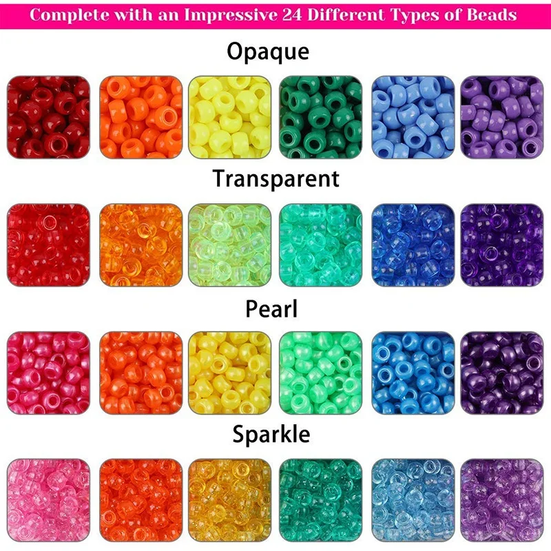 2880 Large Hole Beads Rainbow Plastic Beads 6 x 9 mm 24 Colors 4 Styles Round Bead Sets Suitable for DIY Jewellery Making