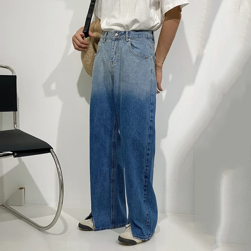 

IEFB Korean Trend Gradient Jeans Men's Summer Baggy High Waist Slim Wide Leg Straight Denim Trousers Vintage Causal Pants 9Y7406