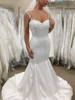 appliques lace satin wedding dresses mermaid spaghetti straps open backless modern design bridal gowns vestido de noiva