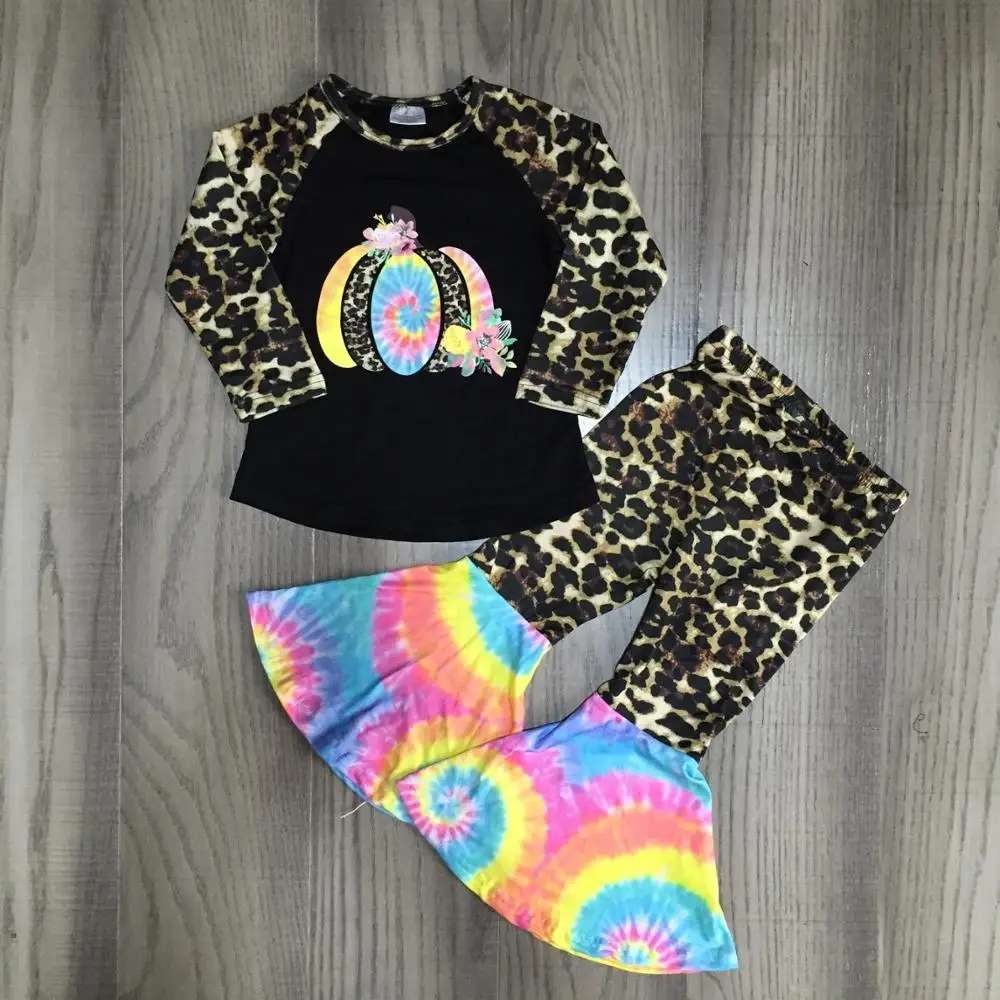 Girlymax fall/winter Halloween baby girls leopard tie dyed pumpkin bell-bottoms pants children clothes boutique outfits set | Детская