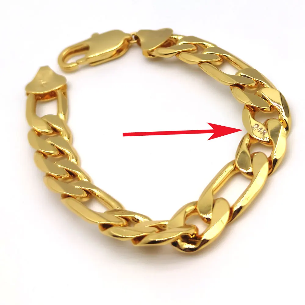 

Men's Italian Figaro Link Hip Hop Bracelet 8.46" 12mm Thick Real 24K Stamp Fine Solid Gold Filled Wrist Chain