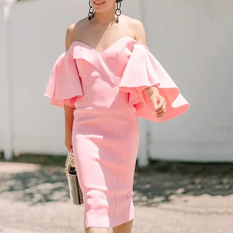 Элегантное офисное женское розовое платье размера плюс облегающее летнее с