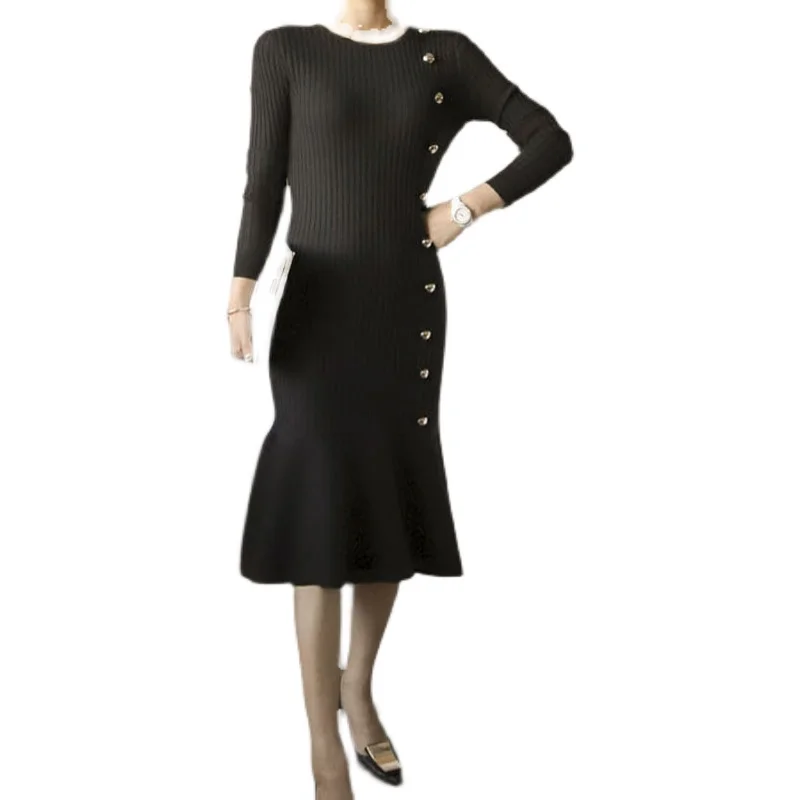 

2021 spring new Korean version of self-cultivation temperament sweater base skirt single breasted hip knitted fishtail dress