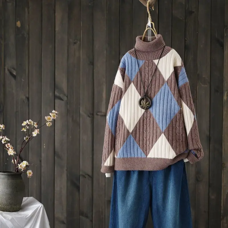 

Осень-зима 2022, модный свитер с ромбовидным воротником контрастных цветов, женский свободный пуловер с подкладкой, вязаная Базовая рубашка