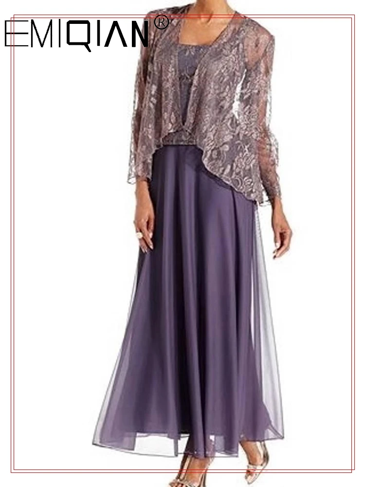 

Lavender Lace Chiffon Ankle Length Mother of the Bride Dress with Jacket Bolero Long Sleeve Wedding Party Guest Evening Gowns