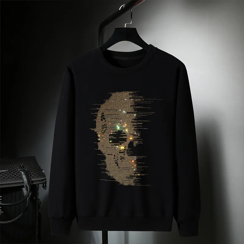 

Мужская толстовка с капюшоном, череп стразы, Повседневная Уличная одежда, плотный пуловер из чистого хлопка с круглым вырезом, Приталенная ...