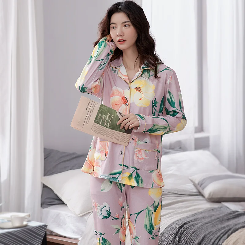 

New Autumn Winter Cotton Women Pajamas Set Floral Pyjamas Womens Long Sleeve Elegant Cardigan Sleepwear Plus Size 3XL Pyjama