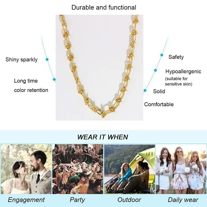 

18k Gold Filled Stainless Steel Wire Bramles Knotted Chains Necklace and Bracelet Jewelry Set Women Cute Boho Chunky Twisted