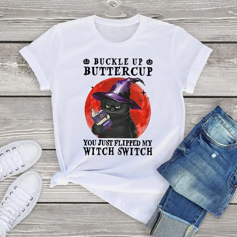 

JKLPOLQ Vintage Women's T-Shirt Halloween Cat Buckle Up Buttercup You Just Flipped My Witch Funny Unisex T-Shirt Cotton Tee