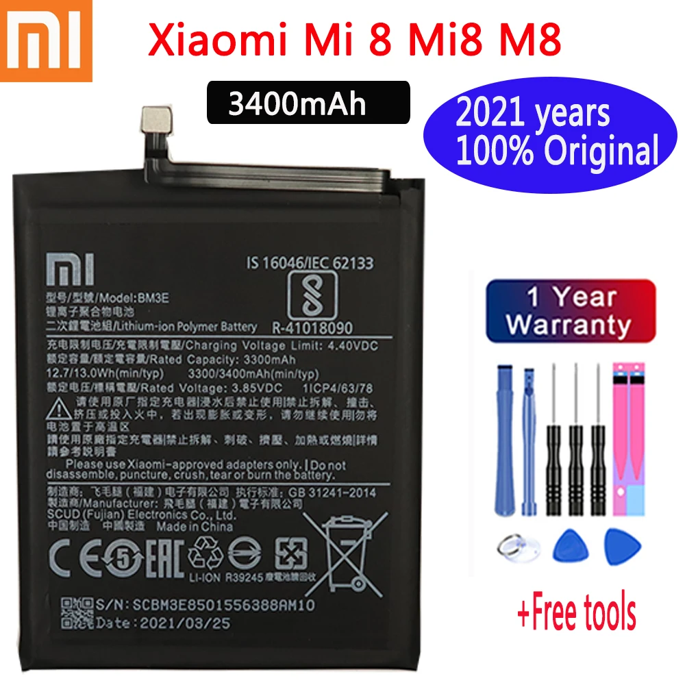 

2021 years Xiao mi 100% Orginal BM3E 3400mAh Battery For Xiaomi Mi 8 Mi8 M8 BM3E High Quality Phone Replacement Batteries+Tools
