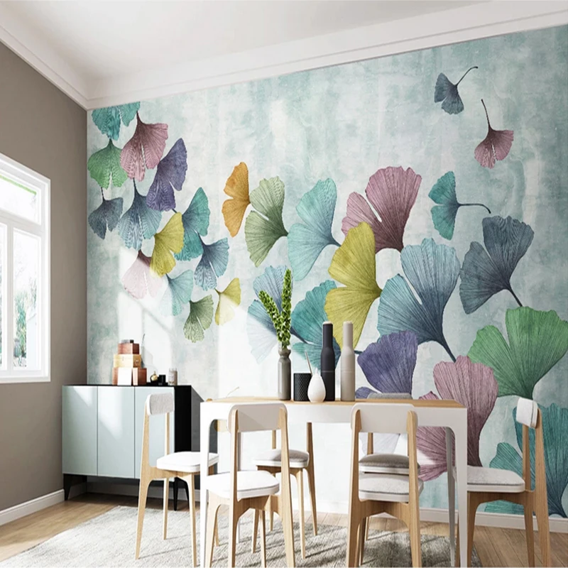 

Wallpaper Stickers Modern Ginkgo Leaf Wall Paper Colorful 3d Wall Mural Living Room