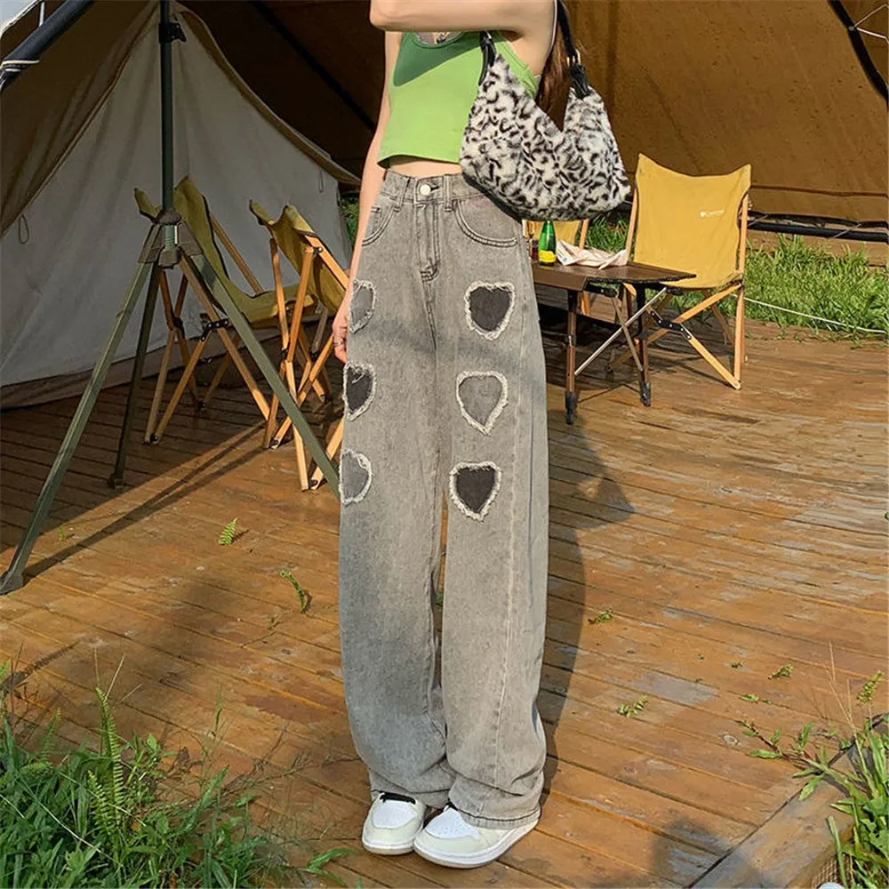 

Casual Heart Jeans Girls Summer Pants Fashion Trousers Harajuku High Street Denim Bagge Cool Autumn Korean Boyfriend Loose Jeans