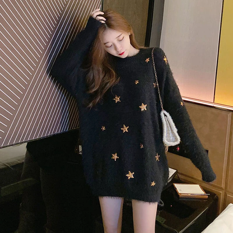 Женский джемпер с блестками блестящая Звезда имитирующая норка свитер вязаный