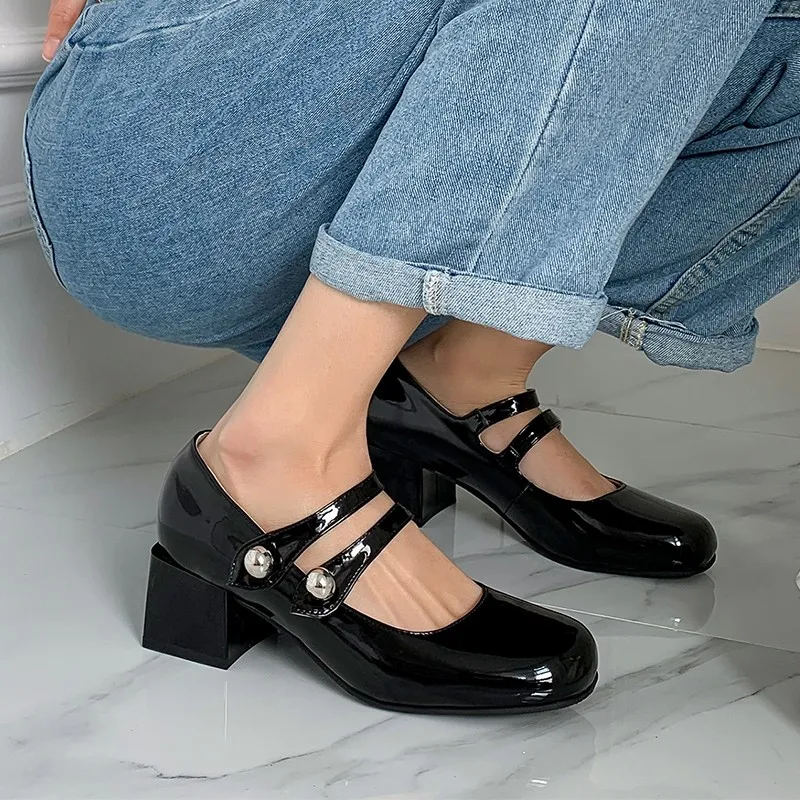

Handmade Mary Jane Shoes Women Plus Size 11 12 Fashion 2022 Spring Patent Leather Square Toe High Heels Ladies Pumps White Black