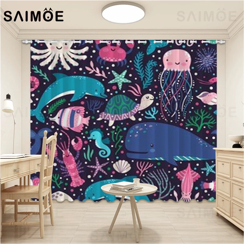 

Underwater World Curtain Whale Octopus Turtle Crab Curtains For Living Room Cartoons Kids Bedroom Curtains Ultra Micro Shading