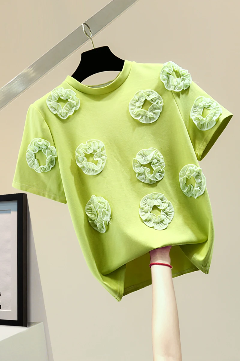 

Heavy Industry Solid Color T-shirt Woman 2021 Summer Korean Loose Round Neck Casual Short Sleeve Stretch Tops Women Green Tshirt