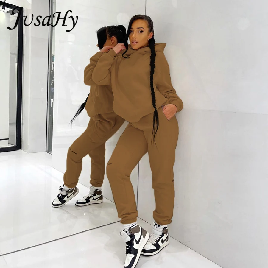 

JuSaHy Autumn Solid Casual Women's Two Pieces Sets Fashion Hoodie And Elastic Pants Matching Outfits Casual Streetwear Tracksuit