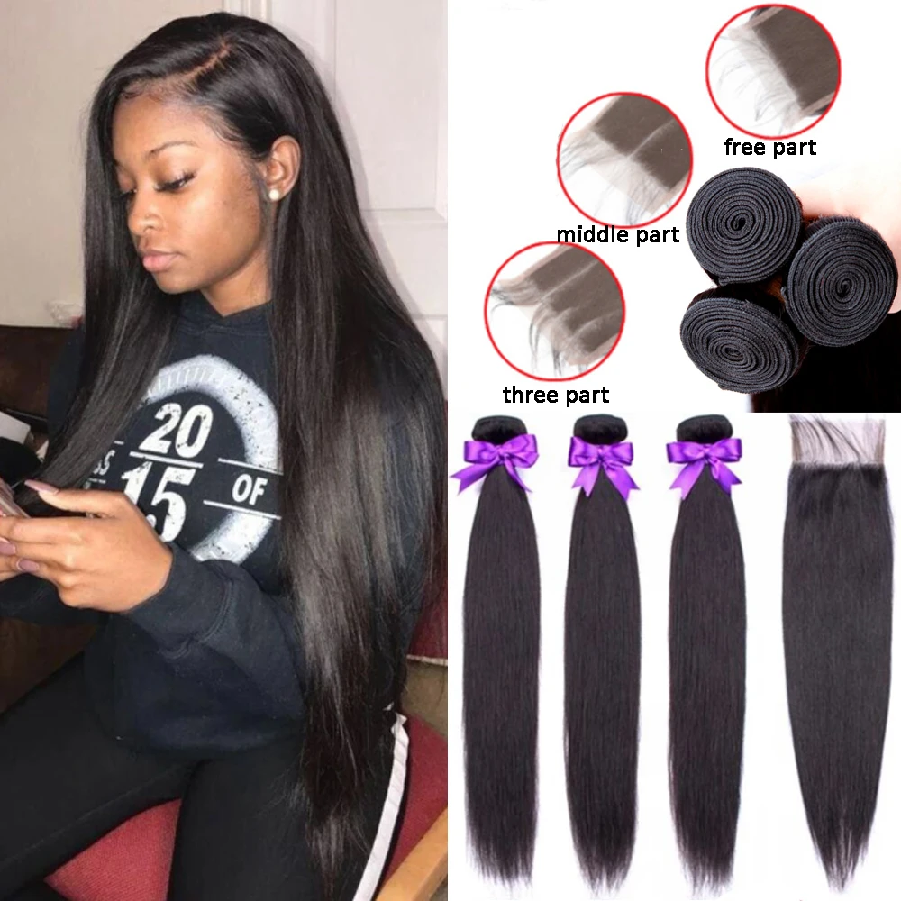 Пряди человеческих волос с застежкой 4x4 бразильские Прямые прямые пряди