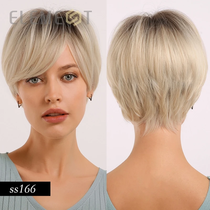 Element Synthetic Short Straight Black Root Ombre Blonde Pixie Cut Wigs with Side Bangs for White/Black Women Heat Resistant | Шиньоны и