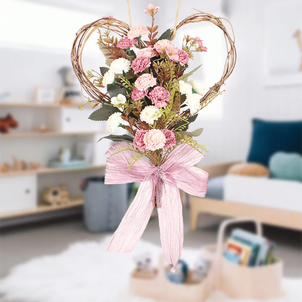 

Rose Flowers Wreath Butterfly Home Wedding Decoration Pink Mother's Day Simulation Carnation Heart-shaped Wall Bow Garland
