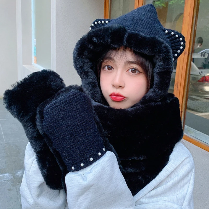 HT3953 симпатичная женская зимняя шапка шарф Толстая теплая вязаная шапка с шарфом женская шапка для езды на лыжах с ушами женские зимние аксе...